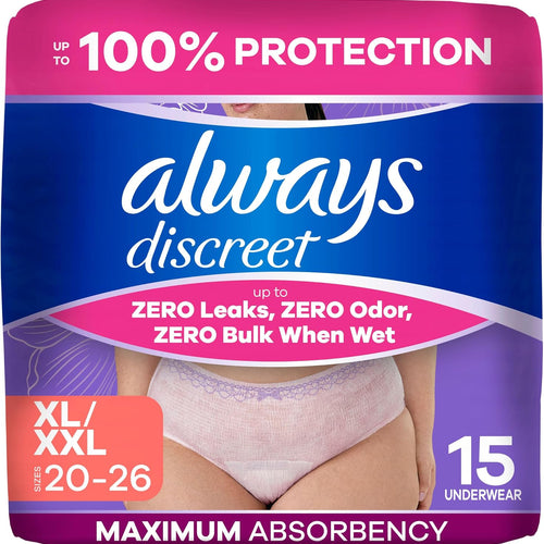 Always Discreet Adult Diapers for Women, Incontinence Underwear, Postpartum Essentials, Disposable Briefs, Max Absorbency, Bladder Leak Protection, Extra Large/XL, 15ct