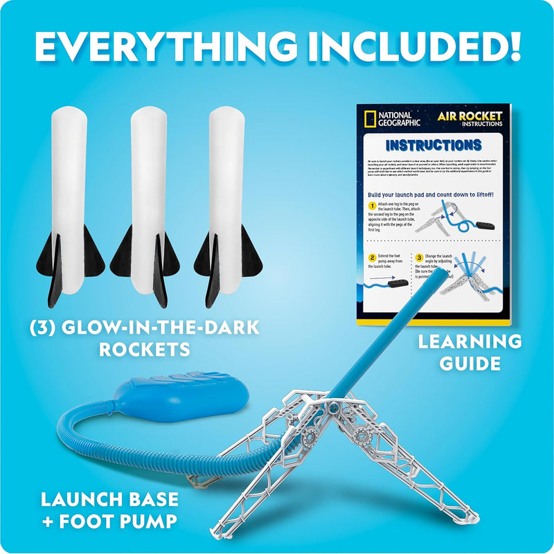 National Geographic Air Rocket Launcher Science Kit for Kids 8–12 with Glow-in-the-Dark Foam Rockets and Adjustable Launch Base