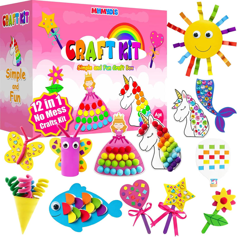 MHMYDIS First Craft Kit for Kids - 12 in 1 No Mess Creative Arts and Crafts kit for Kids Ages 4-8 - Toddler Crafts Kit Supplies - Gifts for Girls and Boys 3 4 5 6 7 8 Year Old (Rainbow)