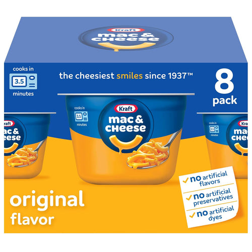 Kraft Mac and Cheese Dinner, 8 Microwaveable Cups, Original, 2.05 oz | for Easy Dinner or Dinner Sides No Artificial Flavors, Preservatives or Dyes