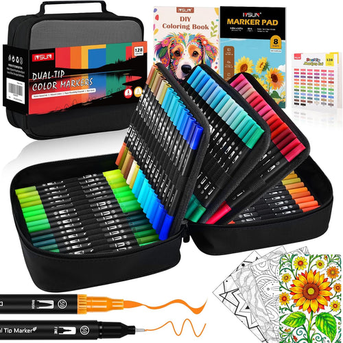 Dual Brush Marker Pens,128 Colors Art Markers Set with Fine & Brush Tip for Kids Adult Coloring Book, Bullet Journaling, Drawing, Note Taking, Planner, Hand Lettering, Calligraphy, Art Supplies Kit