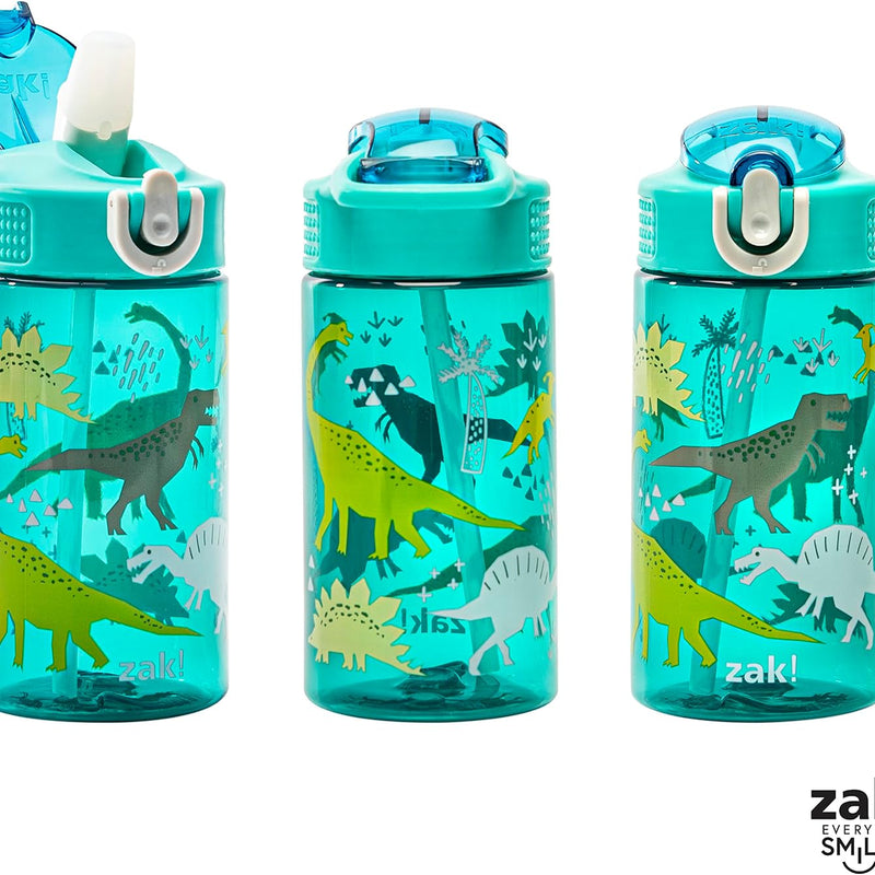 Zak Designs Dinosaur 16oz Leak-Proof Straw Kids Water Bottle, Plastic