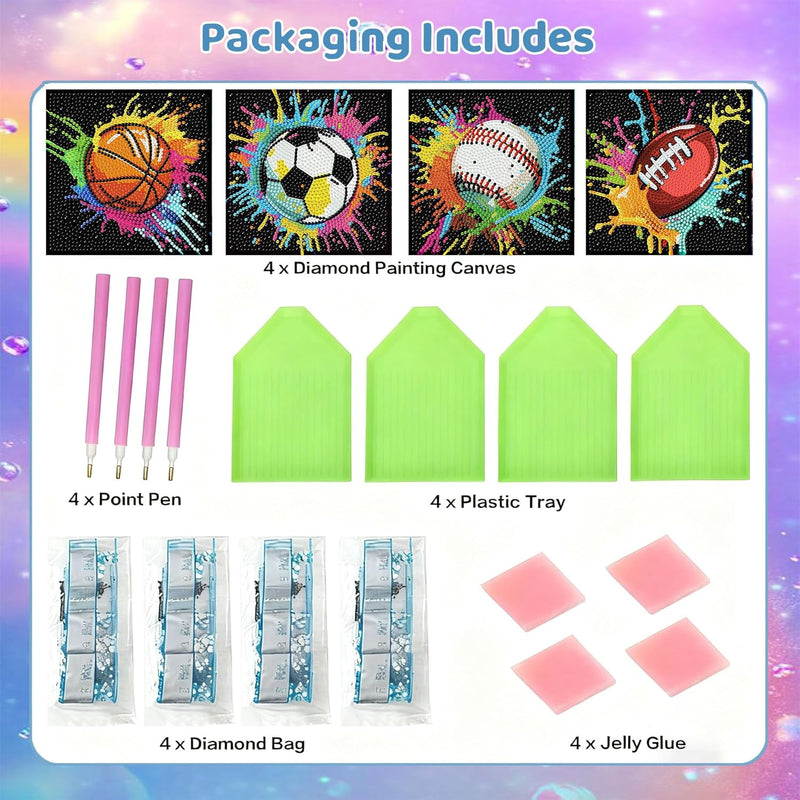 bleihum 4 Pack Diamond Art Painting Kits for Kids Ages 8-12 Sports 6X6inch | Small Diamond Art for Kids Ages 8-12, Cute Football Gem Arts and Crafts for Kid Ages 8-12 Gift Home Decor
