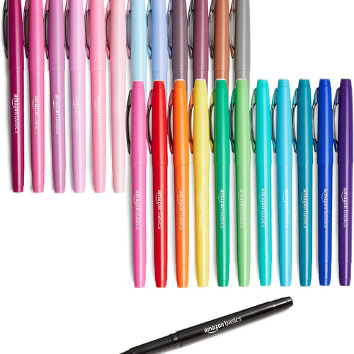 Amazon Basics Felt Tip Marker Pens, Assorted Colors, No-Fray Felt Tip, Smear-Proof, for Writing, Drawing, Journaling and Note Taking, 24-Pack