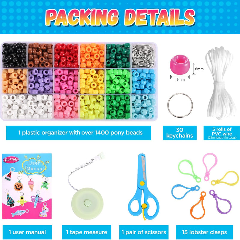 Beads for Crafts, Pony Beads Keychain Making Kit, Bead Pets for Kids Girls | Funtopia Bracelet Making kit Beaded Animal Set Birthday Party DIY Art Crafts for Girls Boys Beginners(1500 Bead, 30 Designs)