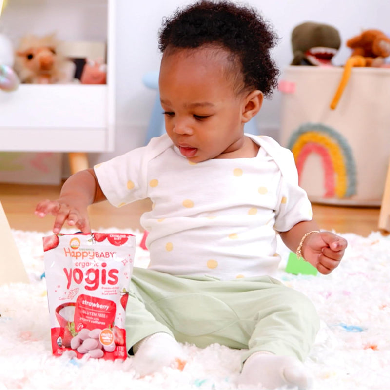 Happy Baby Organics Baby Snacks, Greek Yogis, Freeze Dried Yogurt & Fruit Snacks, Gluten Free Snack for Babies 9+ Months, Strawberry & Banana, 1 Ounce