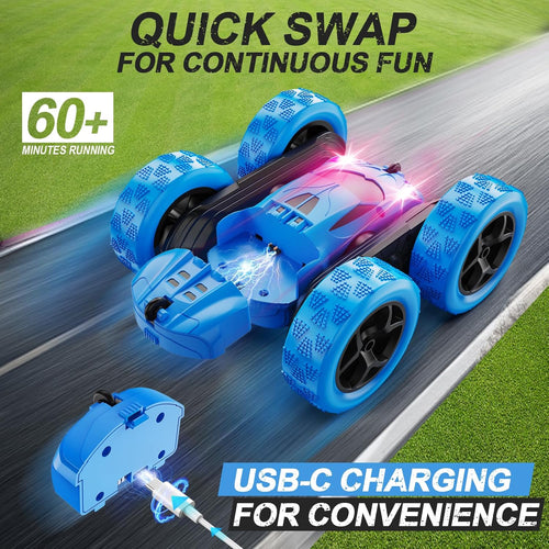 Qunreda 4WD RC Stunt Car for Kids, 2.4GHz, LED Lights, 360° Flips, Upgraded USB-C Batteries, 6-12 years old