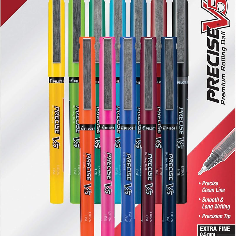 Pilot Precise V5 Rollerball Pens, Extra Fine Point 0.5 mm Black Pens, Black, Pack of 12 - Ideal for School, Journaling & Office Writing