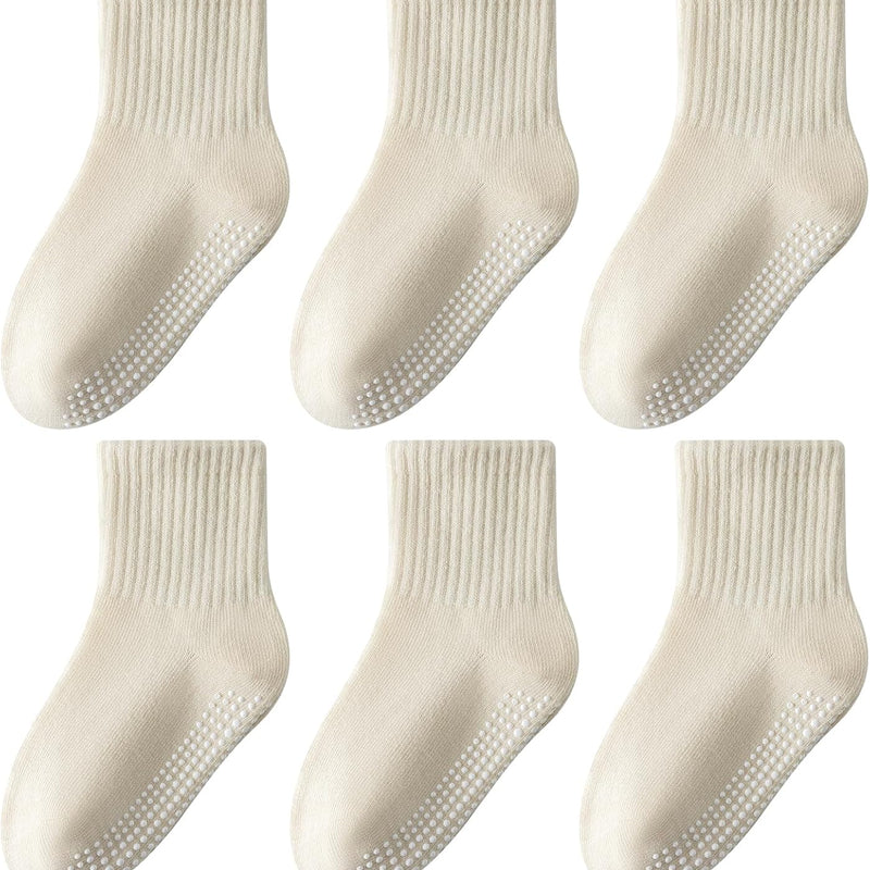 Toddler Grip Socks with Non-Slip Unisex Baby Stripe Crew Cotton Socks | Retro Seamless Ankle Socks for Girls Boys 6 Pairs