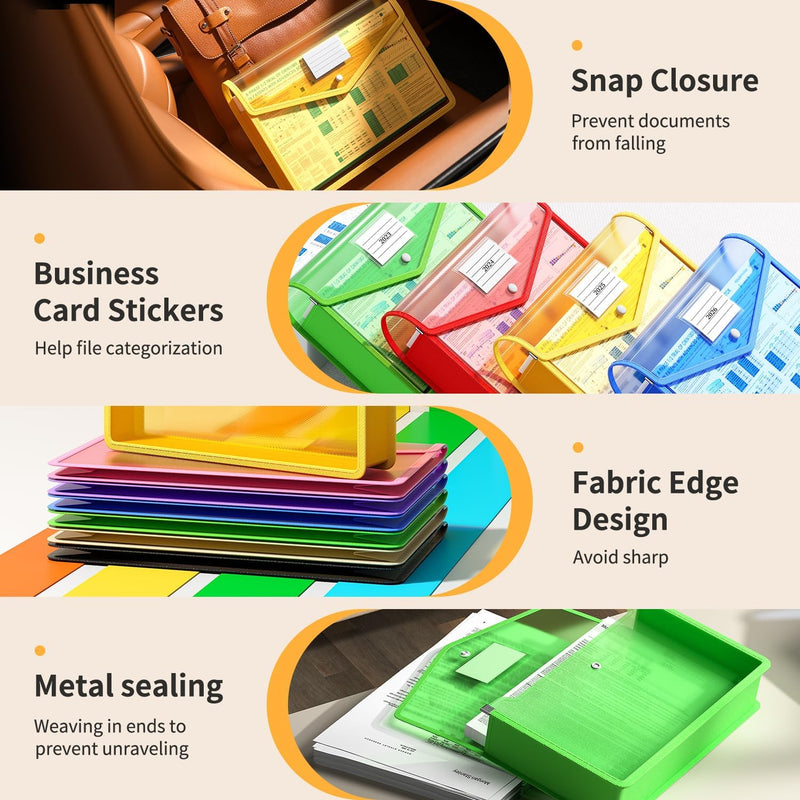 7 Pack Plastic Expanding File Folder, Transparent envelopes with Snap Closure, No Dividers, Large Capacity, Fit Legal/B4 Size for School, Office, Home, Hospital, 7 Colors