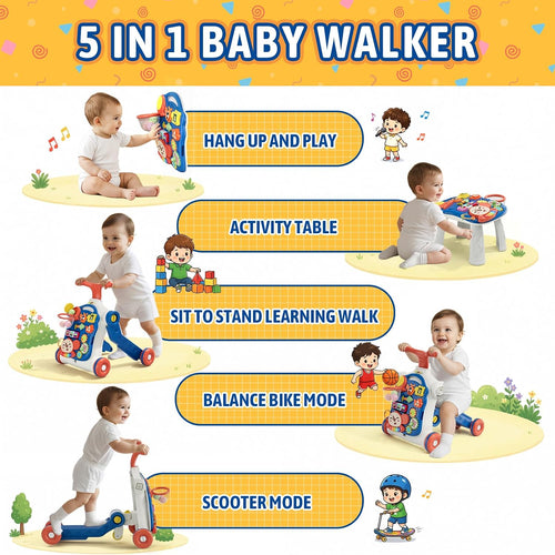 HYES 5 in 1 Baby Push Walker for Baby Boy, Blue | Activity Center Learning to Walk, Sit to Stand, Early Learning Push Toys for Infant, Walking Toys Gift for Toddler Boys