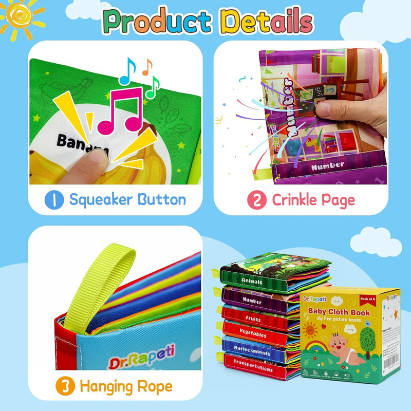 Dr.Rapeti 6-pack soft cloth baby books with crinkle squeaky washable non-toxic early educational themes for kids
