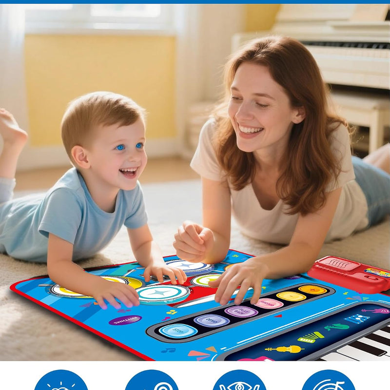 DQMOON Toys for 1 Year Old Boy Gifts, Baby Musical Mat with Piano & Drum, Adjustable Volume, 12-18 Months Toddler Toys, Christmas Birthday Easter Gifts for 1-2 Year Olds Boys Girls (Blue)