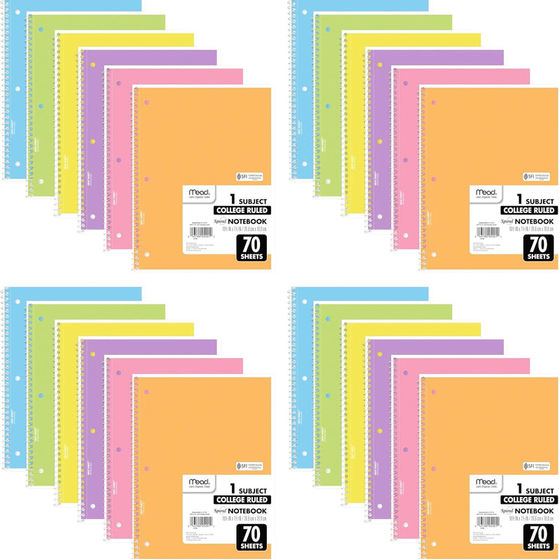 Mead Spiral Notebook, 6 Pack, 1 Subject, College Ruled Paper, 7-1/2" x 10-1/2", 70 Sheets per Notebook, Assorted Bright Colors (830050-ECM)