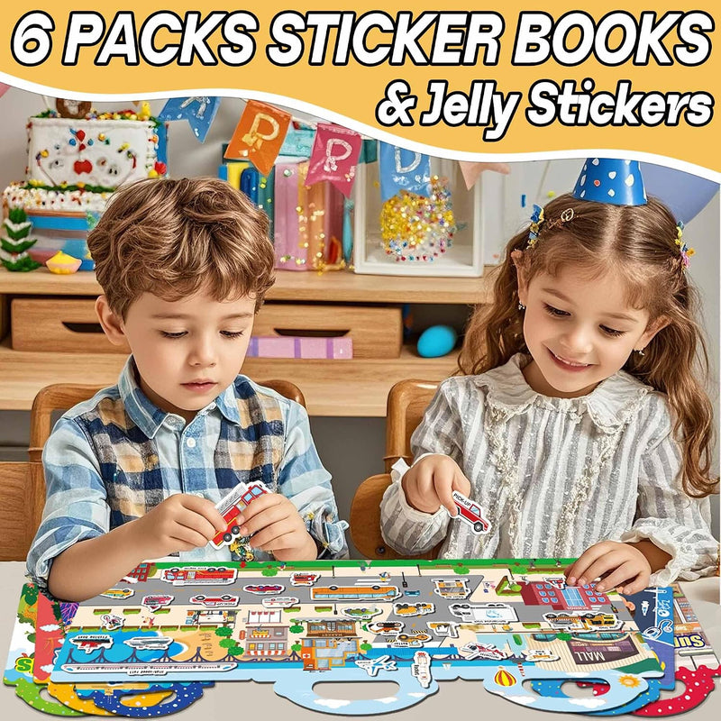 iGetooy 6 Sets Reusable Sticker Book for Toddlers 1-3, Jelly Sticker Books for Toddlers 2-4 Years, Toddler Travel Toys for Kids 2 3 4 Year Old Girls Boys