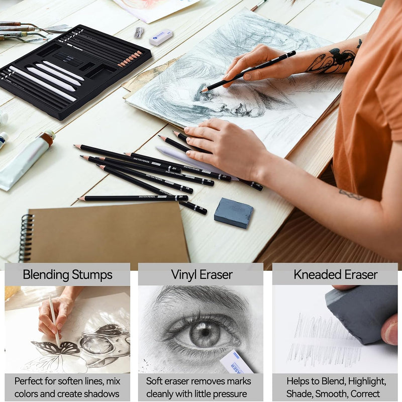 PANDAFLY Drawing Sketching Pencil Set, 22 Piece Pro Art Pencil Kit - Graphite Pencils (12B-2H), Black and White Charcoal Pencils, Charcoal Sticks, Stumps, Eraser, Sharpeners