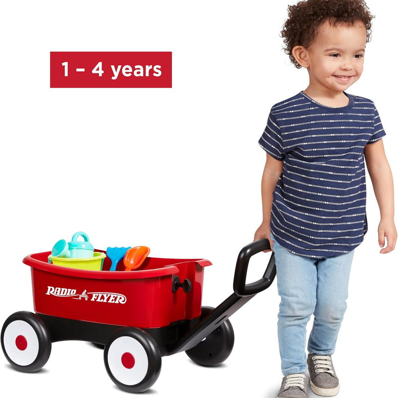 radio flyer push & pull walker wagon with garden tools, red, for kids 1-4 years old