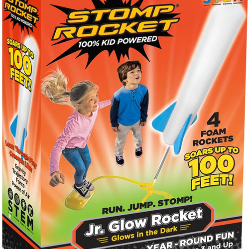 Stomp Rocket Jr Glow Rocket Launcher for Kids - 4 Glow-in-The-Dark Rockets - Outdoor Fun Toy Gift for Boys & Girls - STEM Soft Foam Blaster Set Soars Up to 100 Feet - Ages 3 & Up