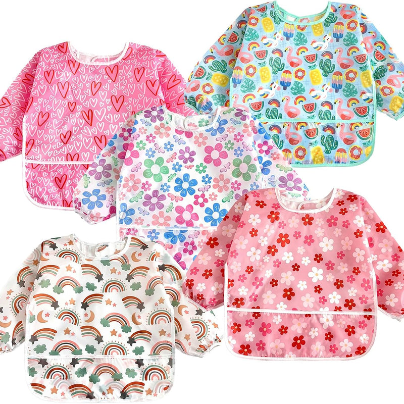 PandaEar 5 Pack Baby Long Sleeve Bibs| Waterproof Full Sleeve Bib for Baby Infant Toddler 6-36 Months