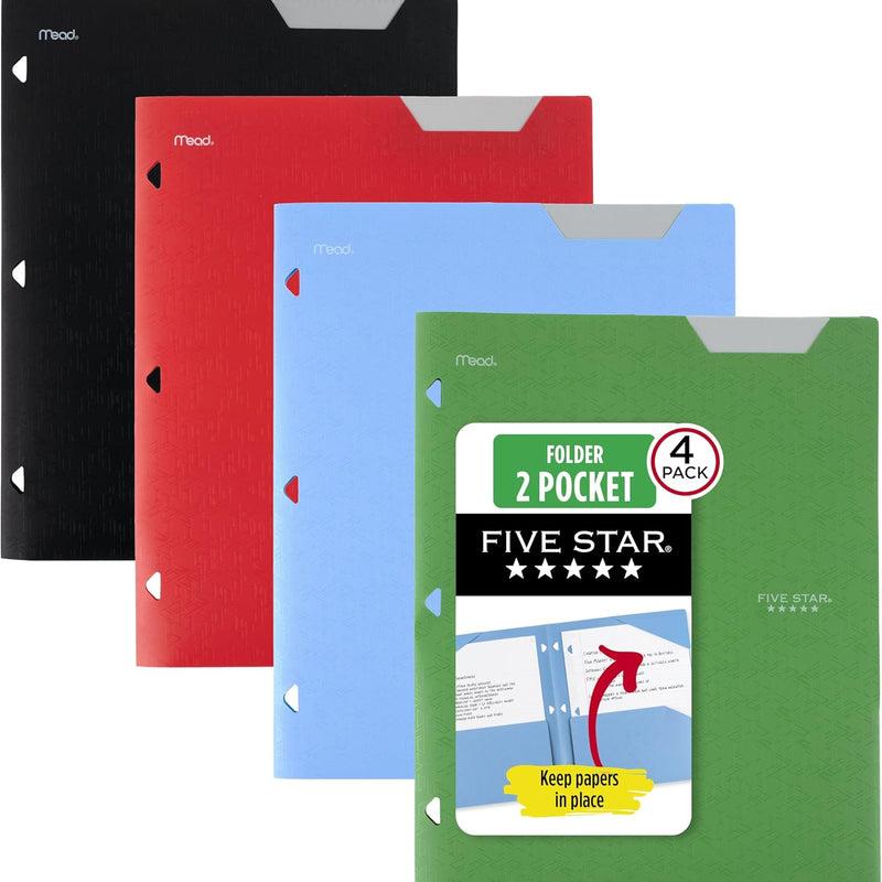 Five Star 2-Pocket Plastic Folder with Stay-Put Tabs, Fits 3-Ring Binder, Holds 8.5" x 11" Paper, Assorted Colors, 4 Pack (333420B)