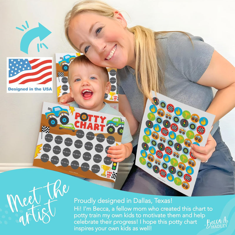 Hadley Designs Potty Training Chart for Toddlers Boys -10 Sticker Potty Chart for Toddlers Boys, 8.5x11" Potty Training Sticker Charts for Toilet Success, Monster Truck Toddler Reward Chart for Kids