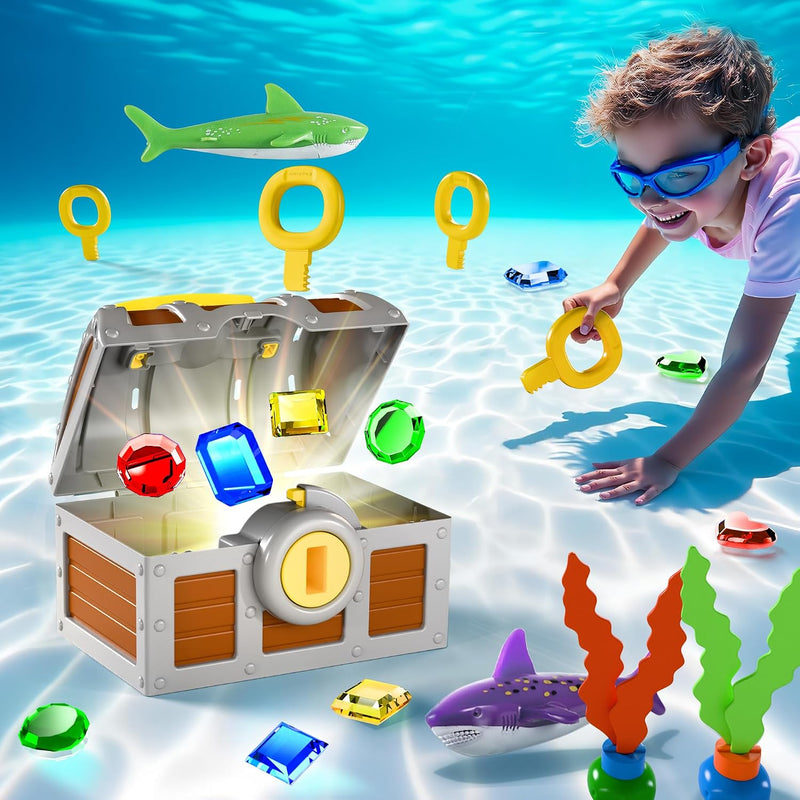 Funscape Kids Pool Diving Toy, Large Treasure Chest Water Dive Pool Games | Toddler Swimming Diving Game w/ Box Keys Gems Fish, Fun Bathtub Summer Beach Party Gifts 3 4 5 6 7 8 10 12 Year Old Boy Girl