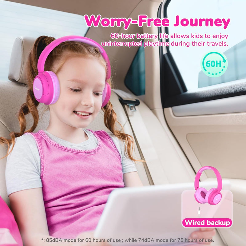 iClever BTH22 Kids Bluetooth Headphones, 60H Play Time, 74/85 dBA Safe Volume, Bluetooth 5.4, USB C, Over Ear Kids Headphones Wireless with Mic AUX Cord for iPad/Tablet/Travel/School (Bright Pink)