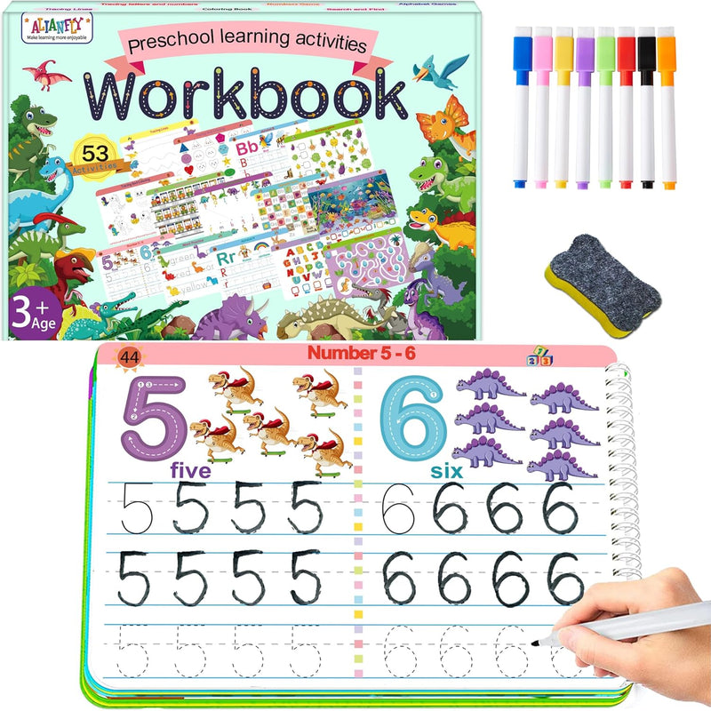 Alianfly Preschool Learning Activities Workbook for Toddlers, Handwriting Practice and Montessori Toy for Kids with Autism, 51 Pages, 8 Markers, Gift Box