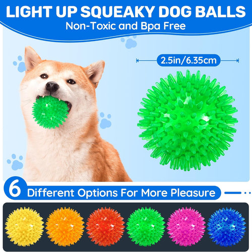 6 Pack 2.5" Light Up Squeaky Dog Balls, Spiky Dog Toy Balls for Puppy Small,Medium Dogs