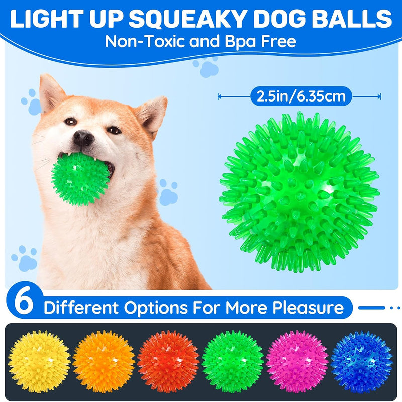6 Pack 2.5" Light Up Squeaky Dog Balls, Spiky Dog Toy Balls for Puppy Small,Medium Dogs