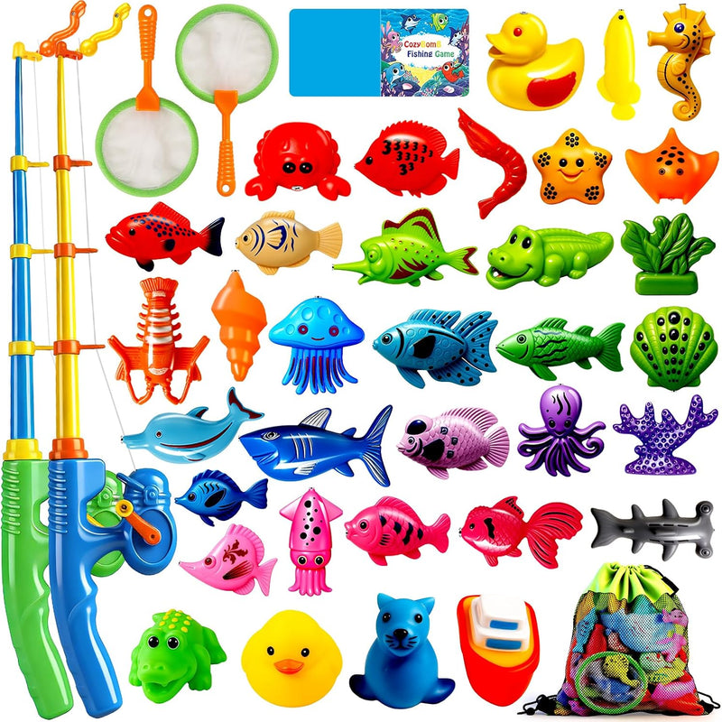 CozyBomB™ Magnetic Fishing Toys Game Set for Kids | Water Table Bathtub Kiddie Pool Party Pole Rod Net, Outdoor Plastic Floating Fish, Toddler Bath Color Ocean Sea Animals Birthday Gift Age 3-5 6 4-8