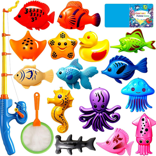 CozyBomB™ Magnetic Fishing Toys Game Set for Kids | Water Table Bathtub Kiddie Pool Party Pole Rod Net, Outdoor Plastic Floating Fish, Toddler Bath Color Ocean Sea Animals Birthday Gift Age 3-5 6 4-8