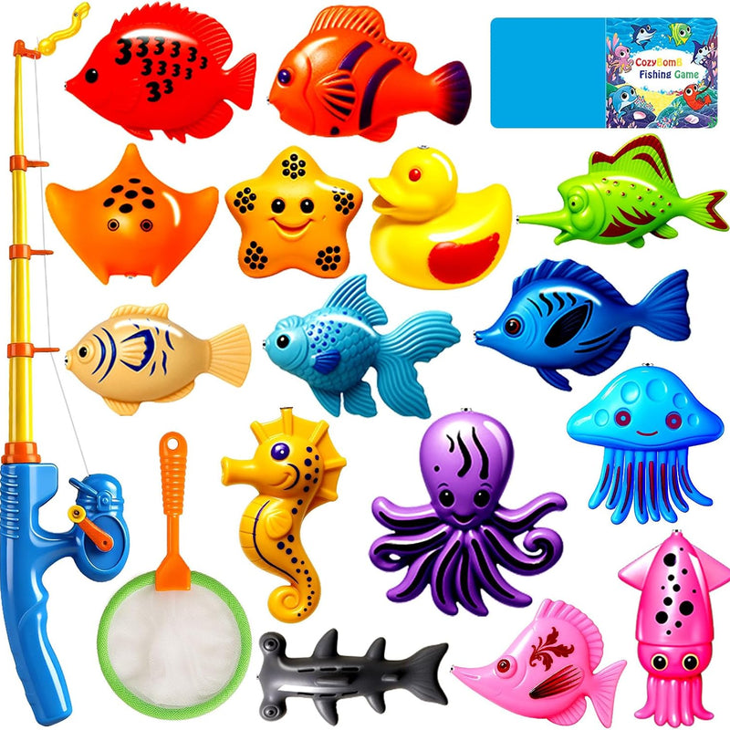CozyBomB™ Magnetic Fishing Toys Game Set for Kids | Water Table Bathtub Kiddie Pool Party Pole Rod Net, Outdoor Plastic Floating Fish, Toddler Bath Color Ocean Sea Animals Birthday Gift Age 3-5 6 4-8