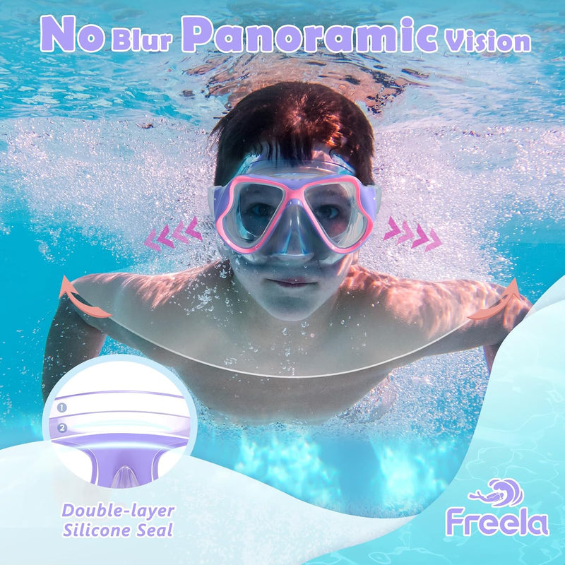 Freela 2 Pack Kids Swim Goggles Mask for Boys Girls 3-14, Tempered Glass Lens 180° HD View with Nose Cover for Pool Beach