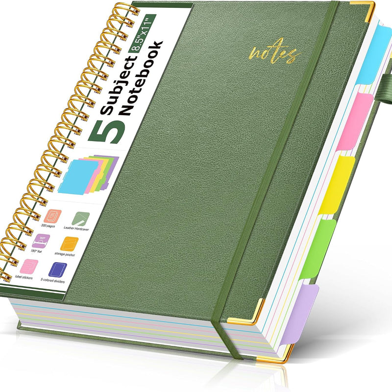 5 Subject Spiral Notebook Journal with Removable Dividers Tabs, 300 Pages Organizer Notebooks for Work School, 8"x10" Hardcover Leather Notebook College Ruled, Large Lined Journal for Women Men,Green