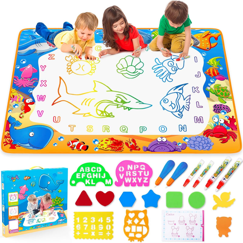 water doodle mat for kids with 6 magic pens, reusable, no ink, no paint, water-resistant