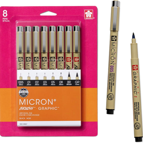 Sakura Pigma Micron, Graphic & Brush Fineline Pens, Archival Black Ink, 8 PK 30067