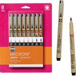 Sakura Pigma Micron, Graphic & Brush Fineline Pens, Archival Black Ink, 8 PK 30067