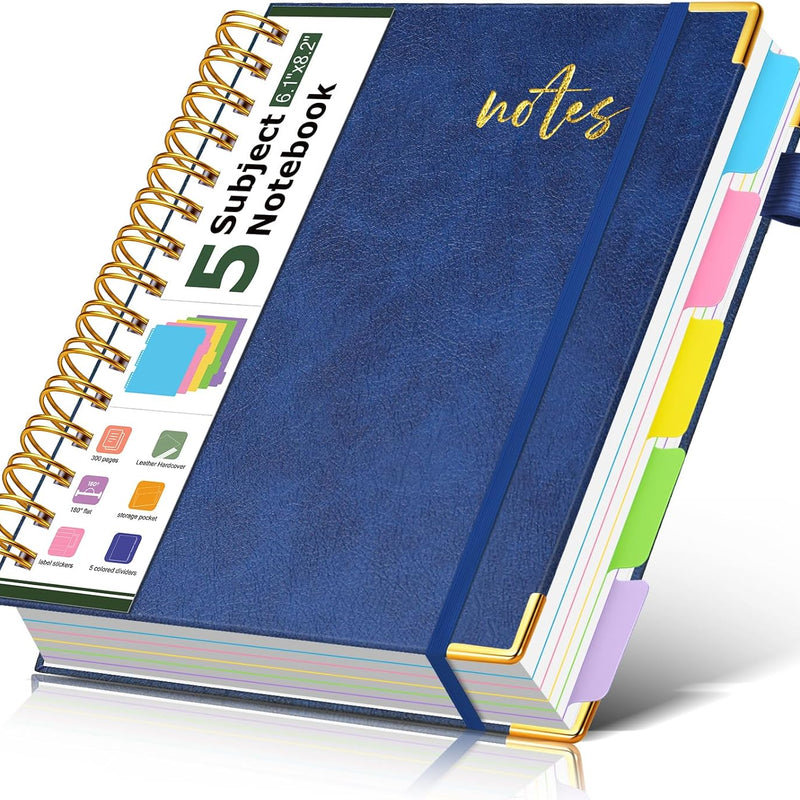 5 Subject Spiral Notebook Journal with Removable Dividers Tabs, 300 Pages Organizer Notebooks for Work School, 8"x10" Hardcover Leather Notebook College Ruled, Large Lined Journal for Women Men,Green