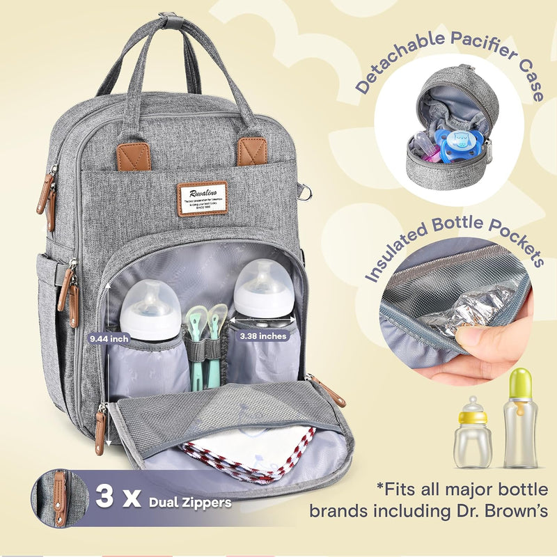 RUVALINO Baby Diaper Bag Backpack with Changing Pad, Baby Shower Gifts | Baby Essentials, Waterproof Travel Baby Bags for Mom Dad Girl Boy, Insulated Bottle Holders, Pacifier Case, Large Capacity