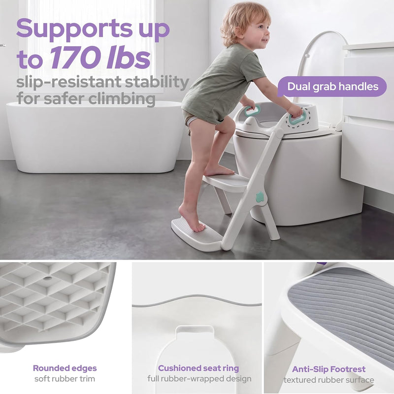 Potty Training Seat, 2-in-1 Toddler Toilet Seat with Steps, Upgrade Potty Step Stool for Toddler with Anti-Slip Pad Step Stool, Extended Splash Guard, Foldable Potty Ladder Boys Girls, Green