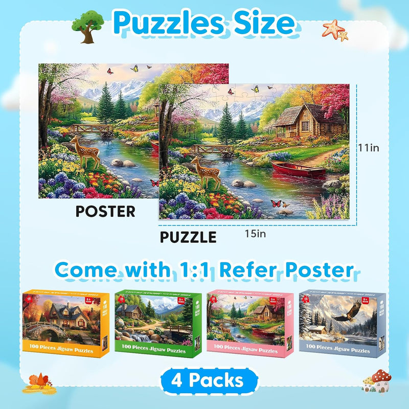 4-Pack 100 Piece Puzzles for Seniors Country Life Large Piece Puzzles for Seniors Puzzle Dementia Alzheimer's Products Activities for Elderly Adults Kids Puzzle for Kids Ages 6-8 8-10