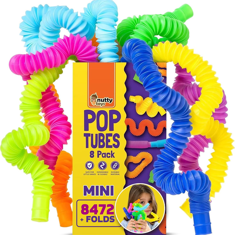 Nutty Toys Pop Tubes - Large 4-Pack Sensory Toys - Creative STEM Learning for Kids & Toddlers - Connect & Pop! Top ADHD Autism Fidget 2026, Best Boy & Girl Christmas Stocking Stuffers Gifts Idea