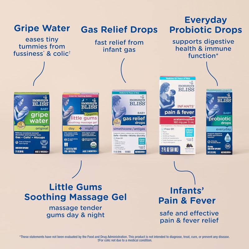Mommy’s Bliss Ultimate Baby Gift Set | Gripe Water, Probiotic Drops, Pain & Fever Medicine, Gas Relief Drops, and Gum Massage Gel