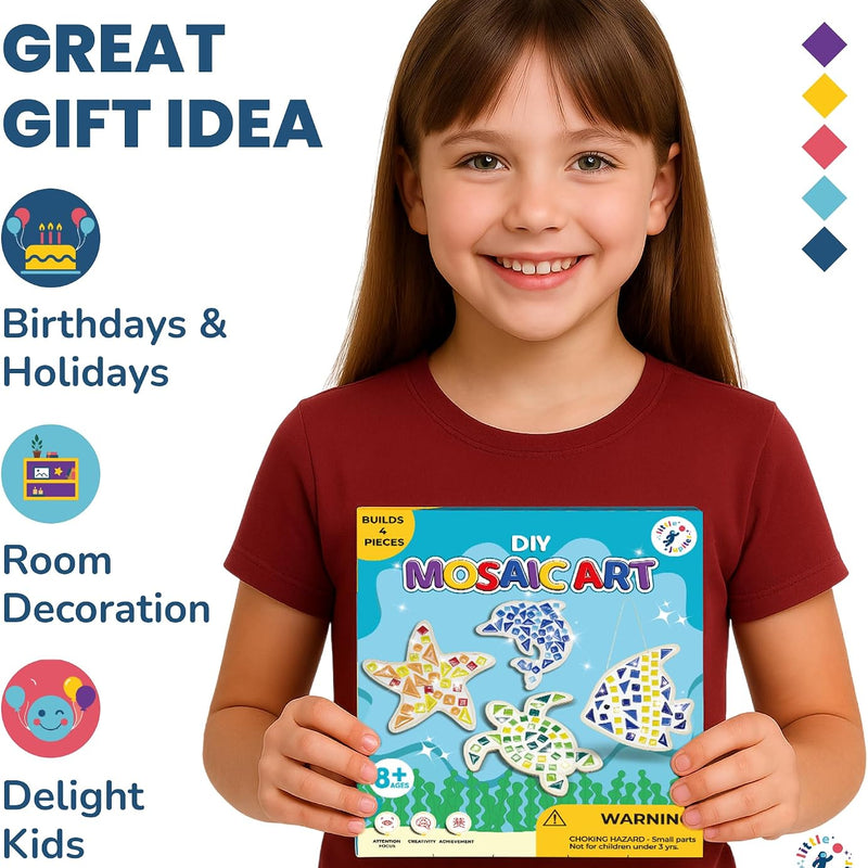 Little Jupiter DIY Mosaic Kit - Builds 4 Different Sea Mosaic Art Pieces - The Perfect Arts and Crafts for Girls and Boys Ages 8-12 - Kids Art Set Activity for Birthdays, Christmas, Holidays, & More