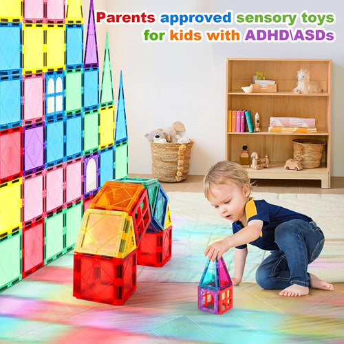 Magnetic Tiles 100PCS Kids Toys - Magnetic Building Blocks STEM Magnet Building Set Preschool Learning Magnet Toys for Kids Ages 3-5 4-8, Sensory Montessori Toy for Toddlers 3+ Year Old Boys Girls