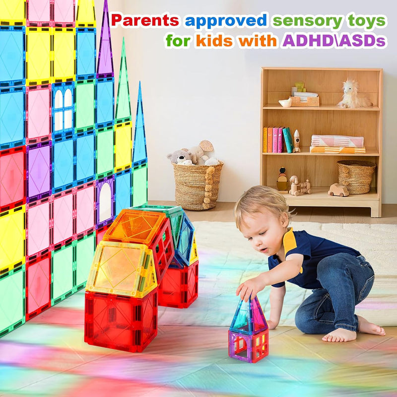 Magnetic Tiles 100PCS Kids Toys - Magnetic Building Blocks STEM Magnet Building Set Preschool Learning Magnet Toys for Kids Ages 3-5 4-8, Sensory Montessori Toy for Toddlers 3+ Year Old Boys Girls