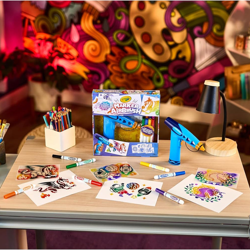 Crayola Marker Airbrush Spray Art Kit, Battery-Powered Sprayer with 8 Washable Markers & 5 Stencils, DIY Craft Set, Ages 6+