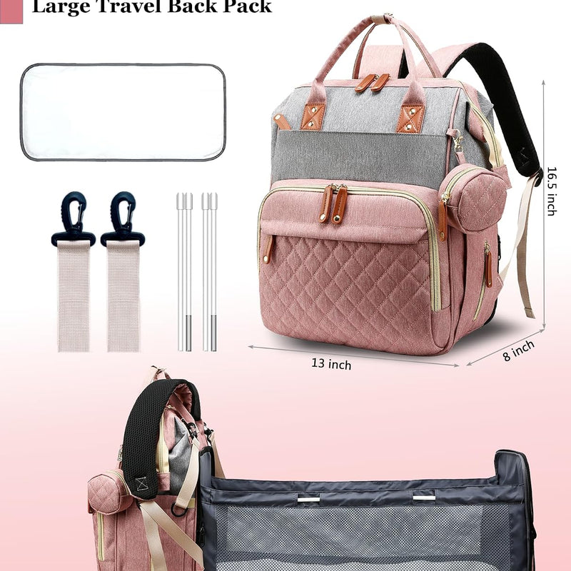 Diaper Bag with Changing Station, Waterproof 3 in 1 Diaper Backpack with Foldable Changing Pad, Large Travel Backpack for Mom & Dad, Baby Gift for Baby Girl & Boy, Pink-Grey
