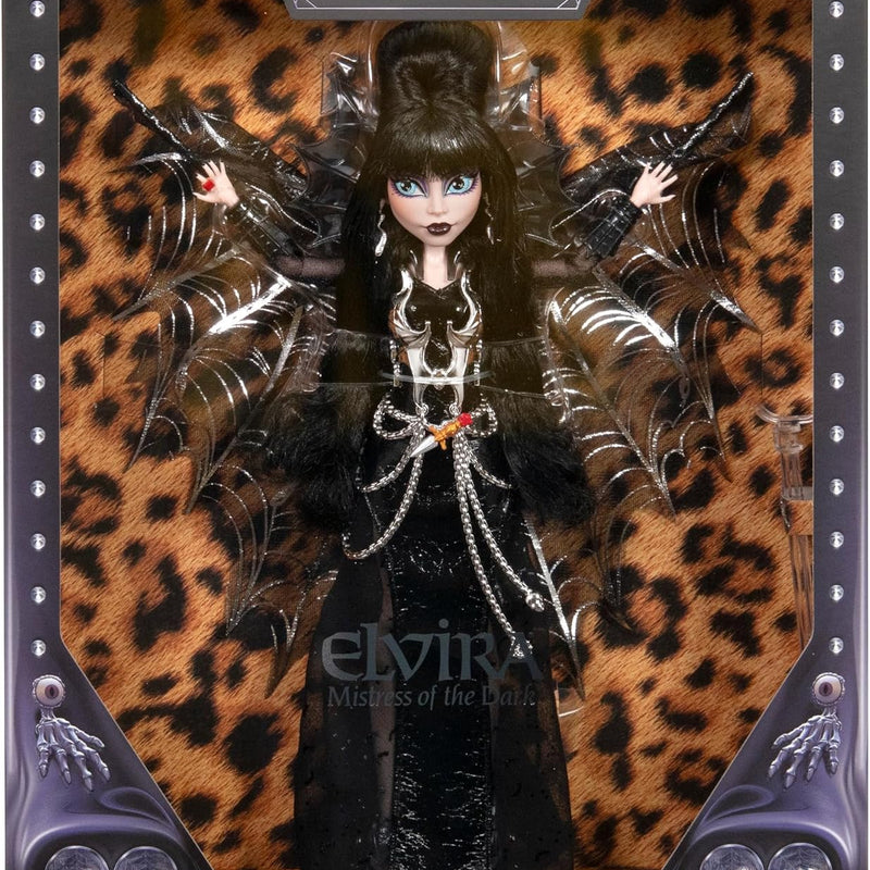 Monster High Doll, Elvira, Mistress of the Dark Collectible in Black Faux Leather Dress with Silvery Batwing Cape and Premium Accessories
